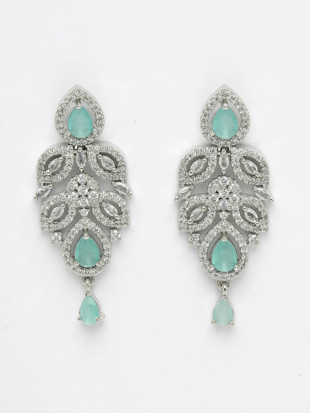 NVR Women Silver Plated & Turquoise Cz Stone Handcrafted Jewellery Set