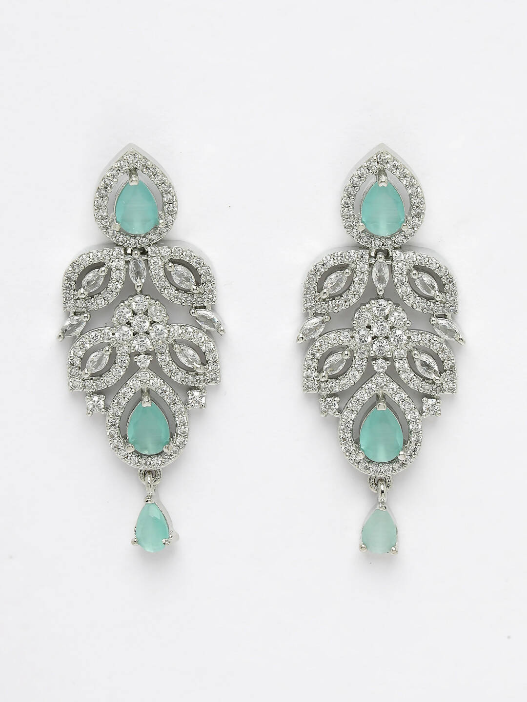 NVR Women Silver Plated & Turquoise Cz Stone Handcrafted Jewellery Set