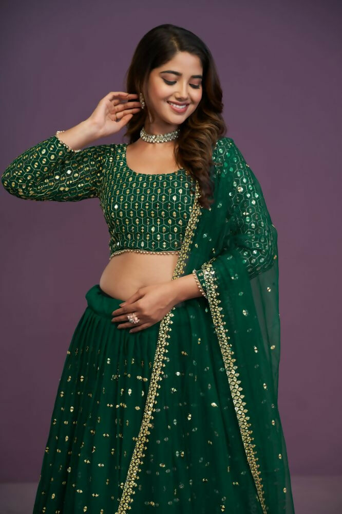 Green Georgette Embroidery Sequence Work Lehenga Choli Set - Jihu Culture