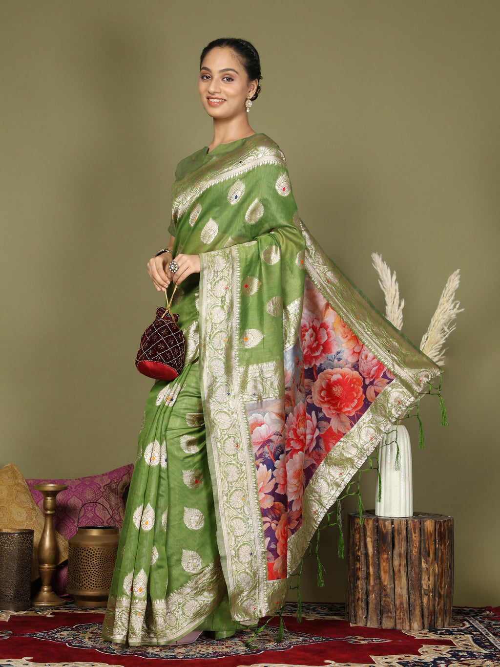Shree Shyam Fashion Linen Cotton Green Saree - Distacart