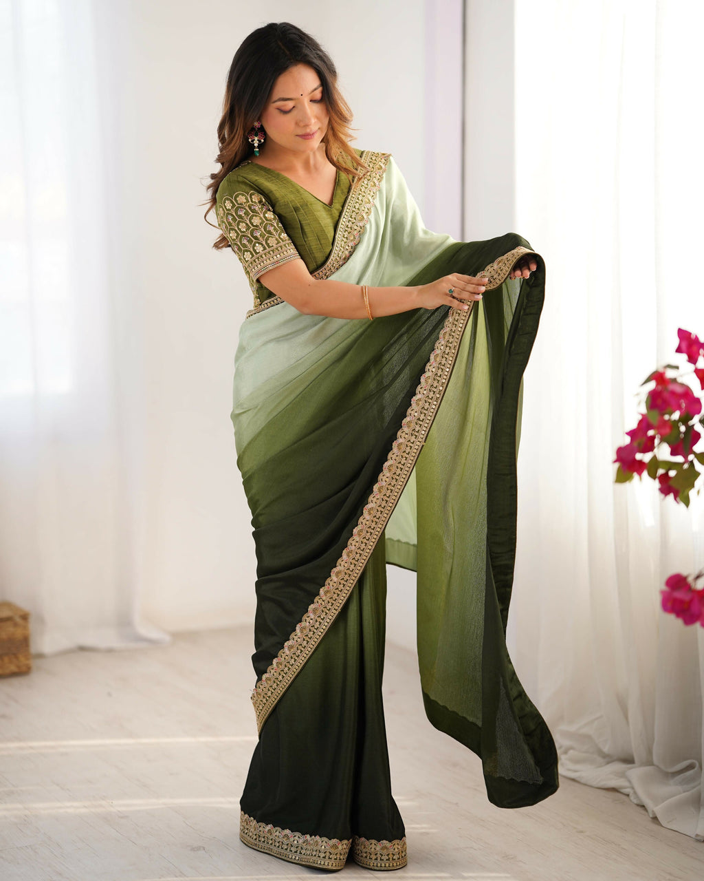 Exclusive Collection Pista Green Party Wear Chinon Salk Saree
