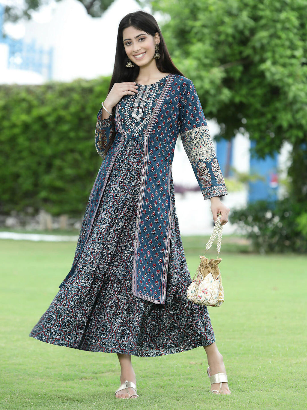 Juniper Women Teal Chanderi Festive Printed Tiered Kurta - Distacart