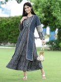 Juniper Women Teal Chanderi Festive Printed Tiered Kurta - Distacart
