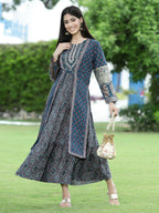 Juniper Women Teal Chanderi Festive Printed Tiered Kurta - Distacart