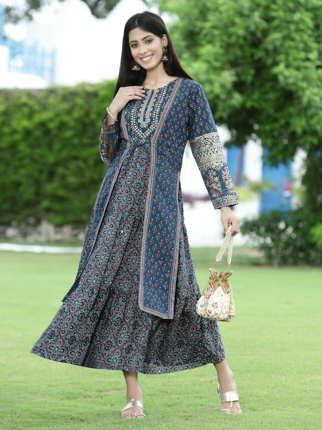Juniper Women Teal Chanderi Festive Printed Tiered Kurta - Distacart