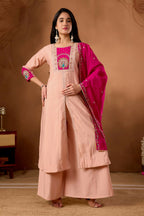 Lehenga Mart Designer Front-Slit Kurta, Paired With Wide-Leg Palazzo Pants And A Dupatta.-Peach - Distacart