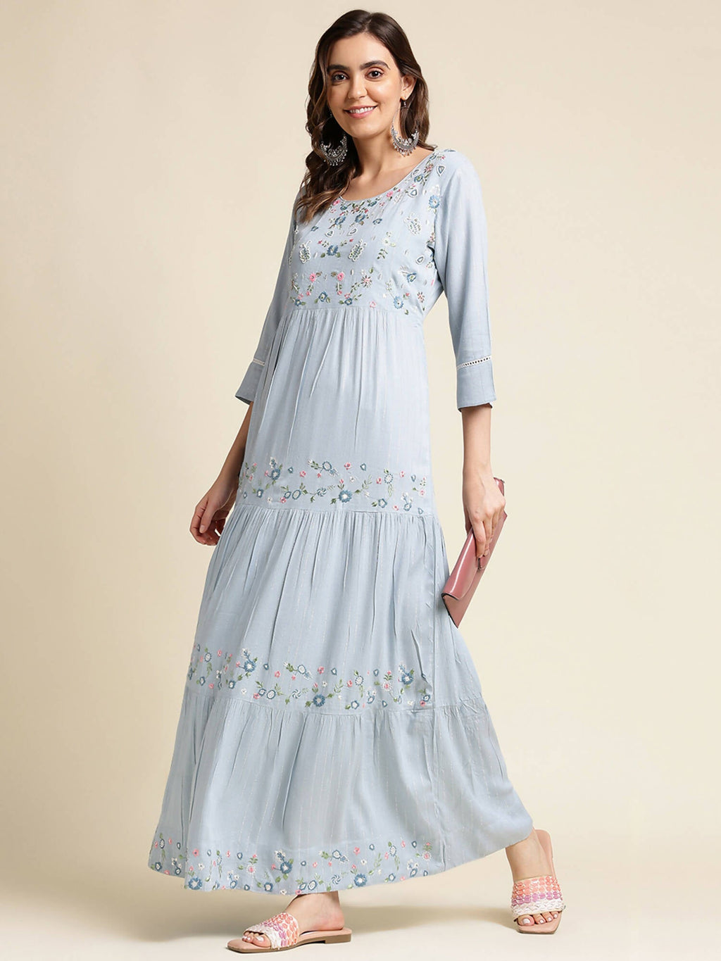 Sky Blue Chinon Floral Embroidered Dress - Nandani - Distacart