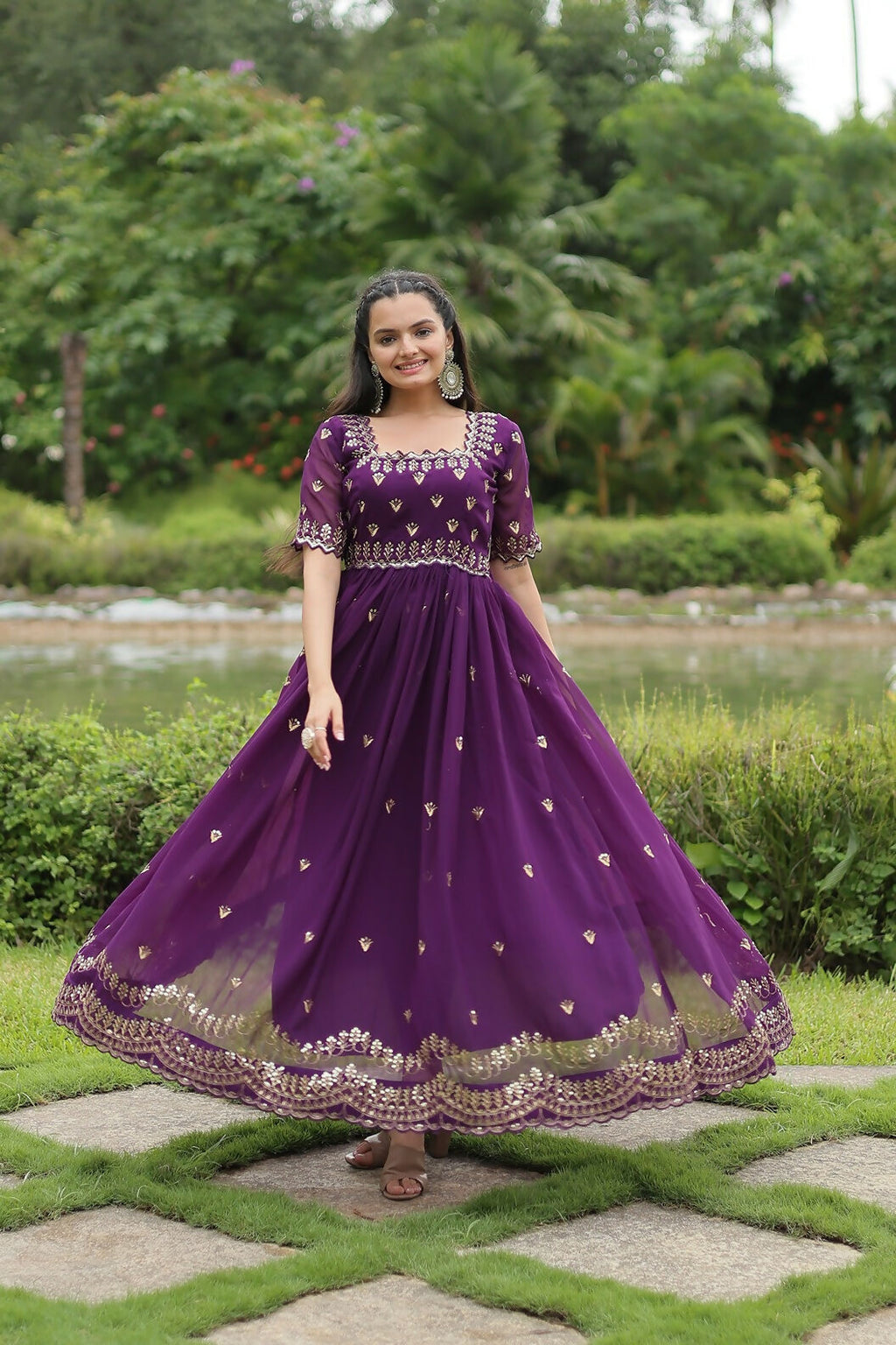 Joban Fashion Purple Georgette Sequence Embroidery Work Gown - Distacart