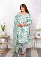Miravan Women's Plus Size Cotton Light Green Scenic Birds And Leaf Floral Printed Straight Pakistani Style Suit Set