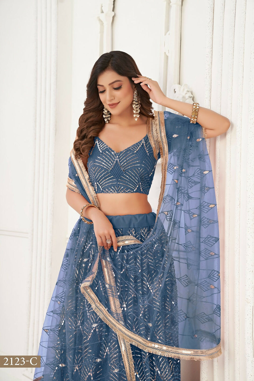 Eilara Glamorous Turquoise Net With Sequins And Thread Embroidery Real Mirror Work Lehenga Choli For Wedding