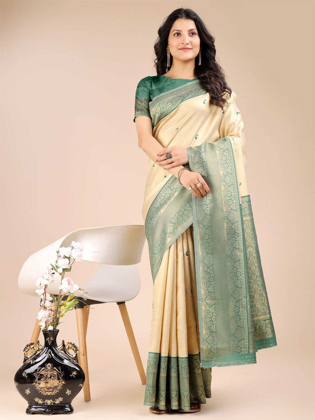 Shree Shyam Fashion Aura Silk Cream Green Banarasi Silk Saree
