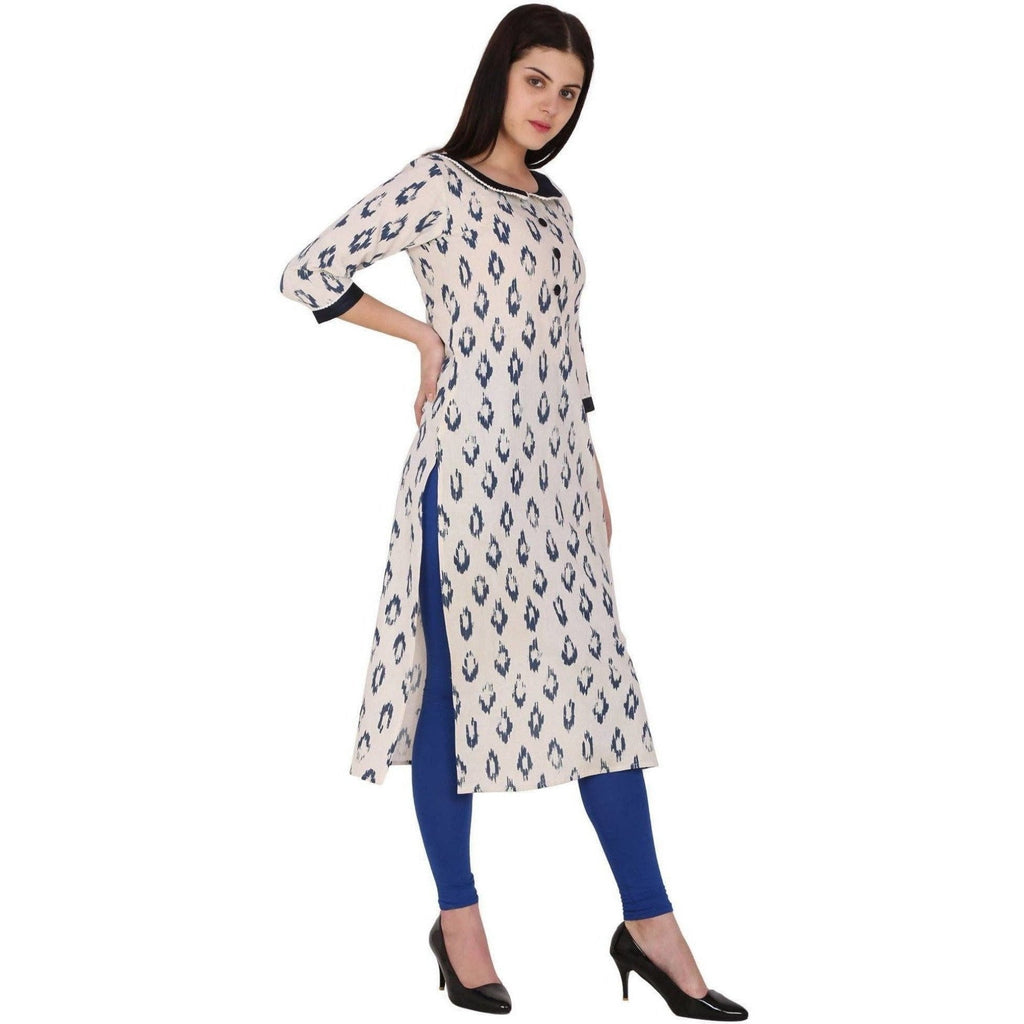 Kanoor Women's White and Blue Cotton Straight Kurti