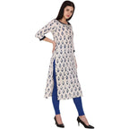 Kanoor Women's White and Blue Cotton Straight Kurti