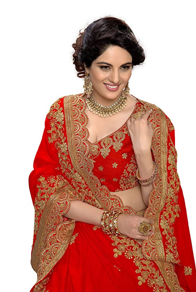 Sarvadarshi Fashion Women's Red Fabric Silk Heavy Work Embroidery Saree With Blouse Piece