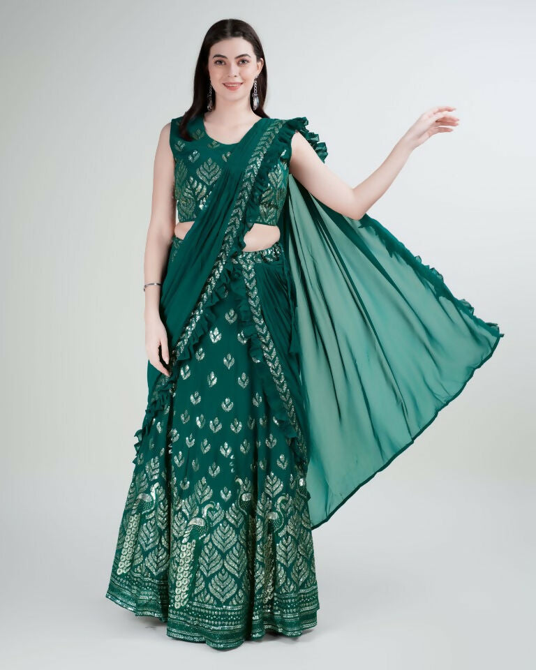 Green Georgette Sequence Embroidered Lehenga Choli with Dupatta - Tanya