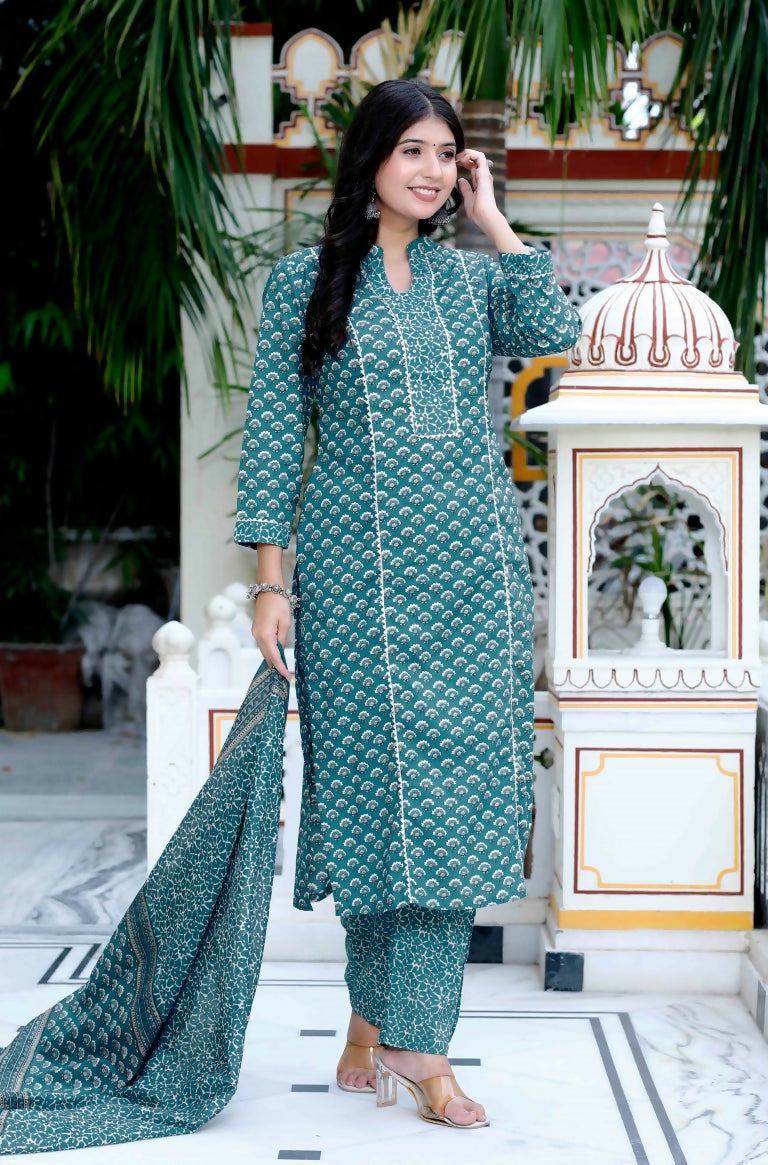 Miravan Women's Cotton Straight Style Blue Kurta With Palazzo And Dupatta