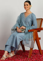 Aavyora Women's Sky Grey Embroidered Kurta Set with Dupatta - Distacart