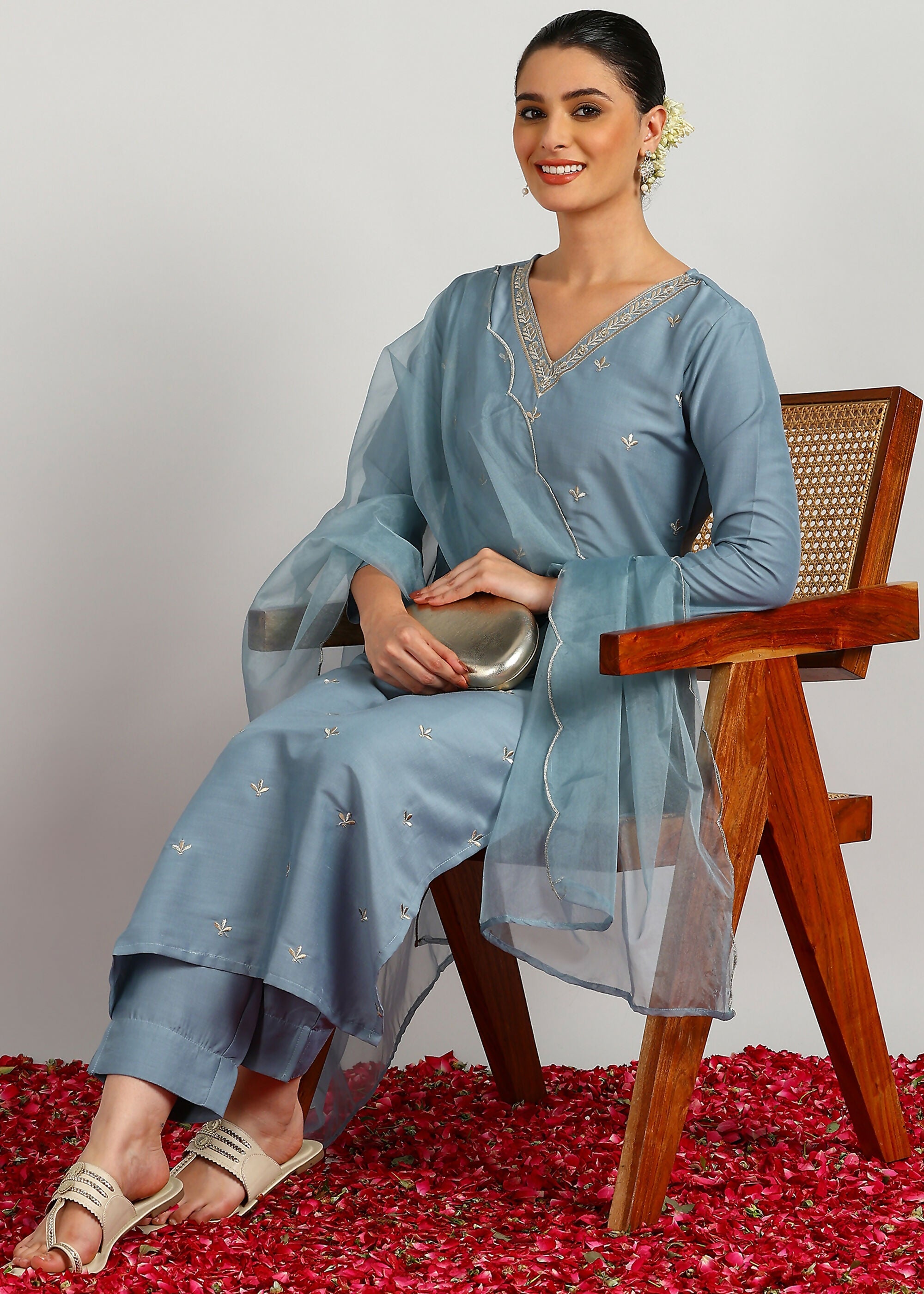 Aavyora Women's Sky Grey Embroidered Kurta Set with Dupatta - Distacart
