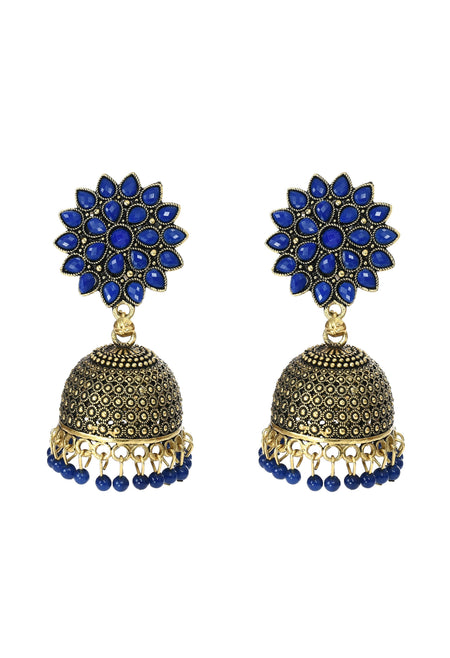Mominos Fashion Johar Kamal Kundan Work Jhumka With Blue Beads For Women