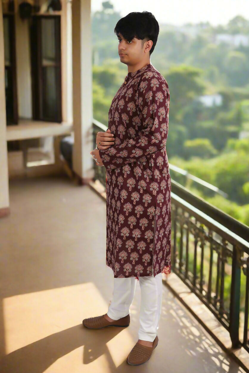 Souchii Men Burgundy Pure Cotton Ethnic Motif Printed Straight Kurta