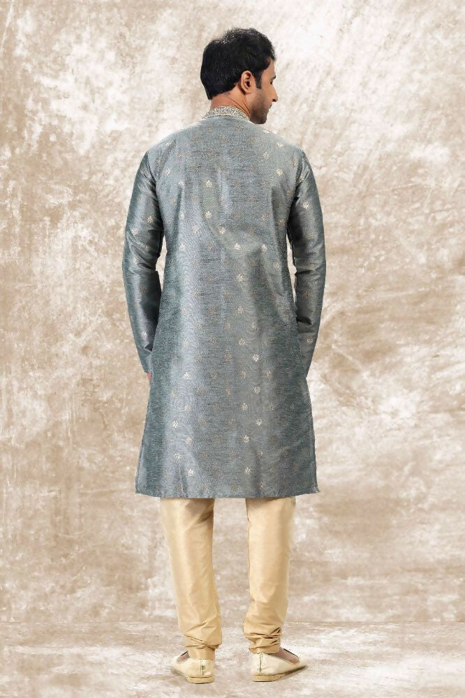 Raivat Ethnic Jacquard Silk Brocade Thread Work Kurta Pajama In Grey Colour