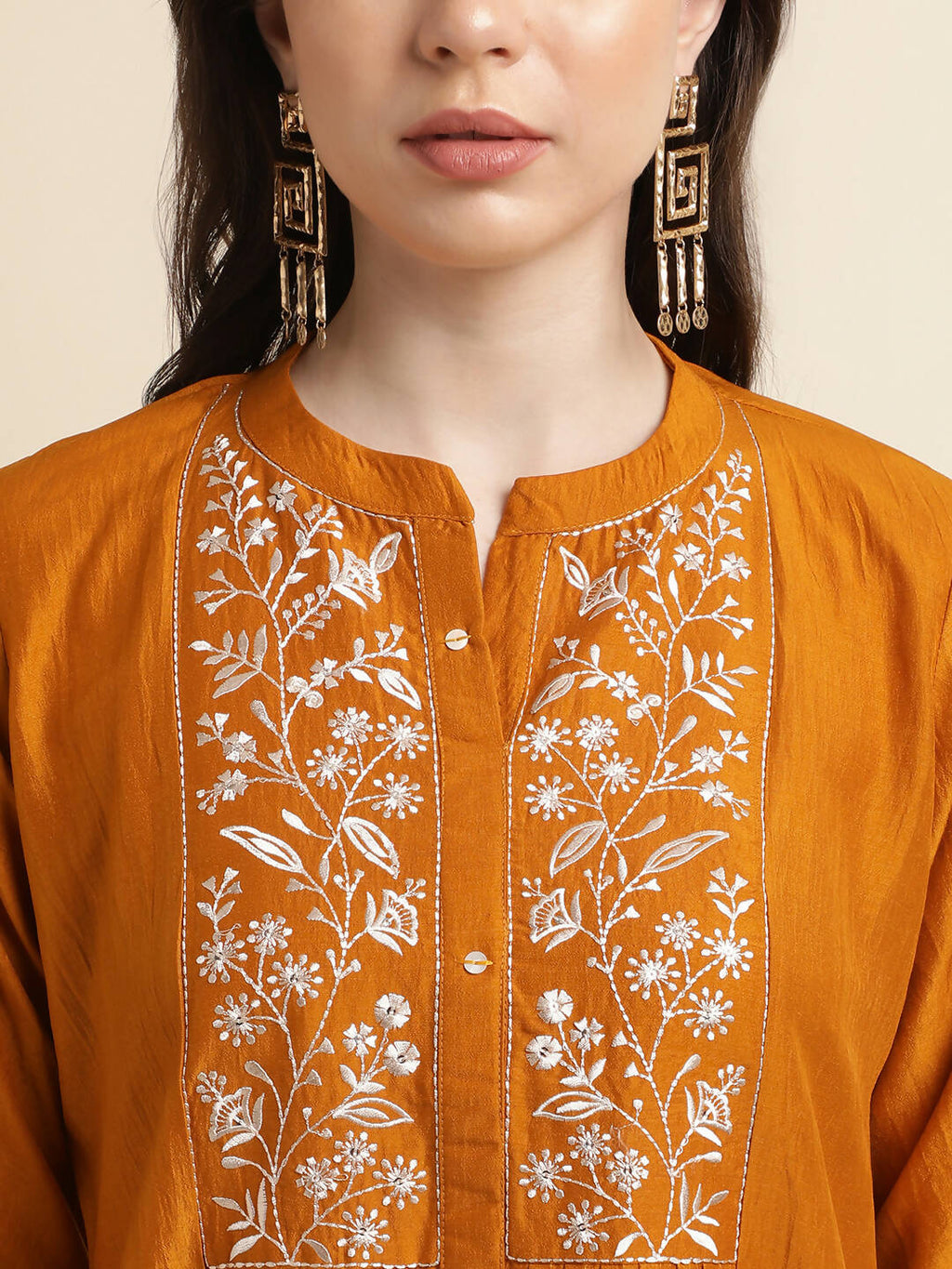 Mustard Chinon Yoke Embroidered A-line Top - Tarini