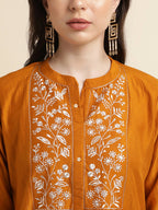 Mustard Chinon Yoke Embroidered A-line Top - Tarini