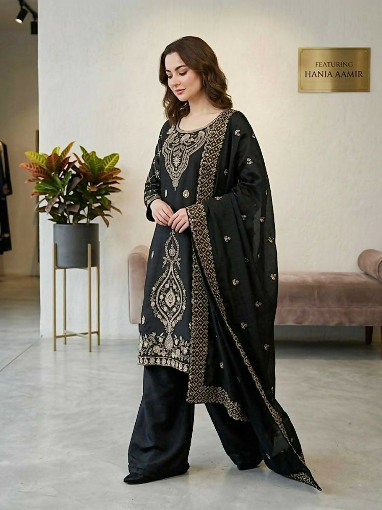 Teeya Creation Black Color Gimmychu Silk Embroidery Work Wedding Wear Salwar Suit - Distacart