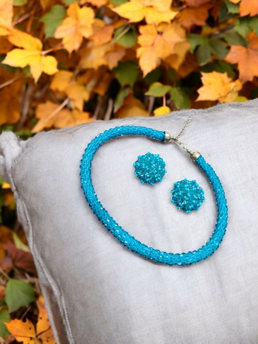 Inhanns Noor-E-Jalwa – Handmade Crystal Bead Necklace / Necklace With Earrings -Adjustable - Sky Blue