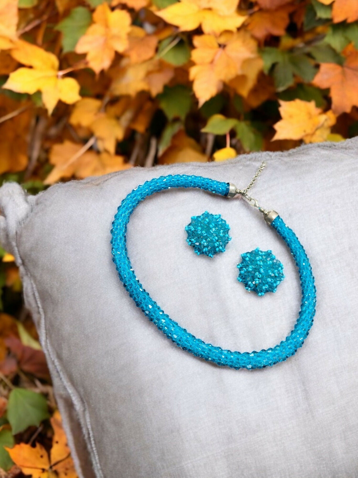 Inhanns Noor-E-Jalwa – Handmade Crystal Bead Necklace / Necklace With Earrings -Adjustable - Sky Blue