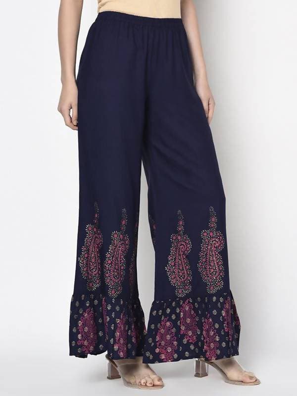 Aniyah Rayon Navy Blue Color Block Print Flared Slip-On Palazzo (AN-216K)