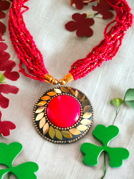 Inhanns Everyday Statement Beaded Pendant Necklace - Red