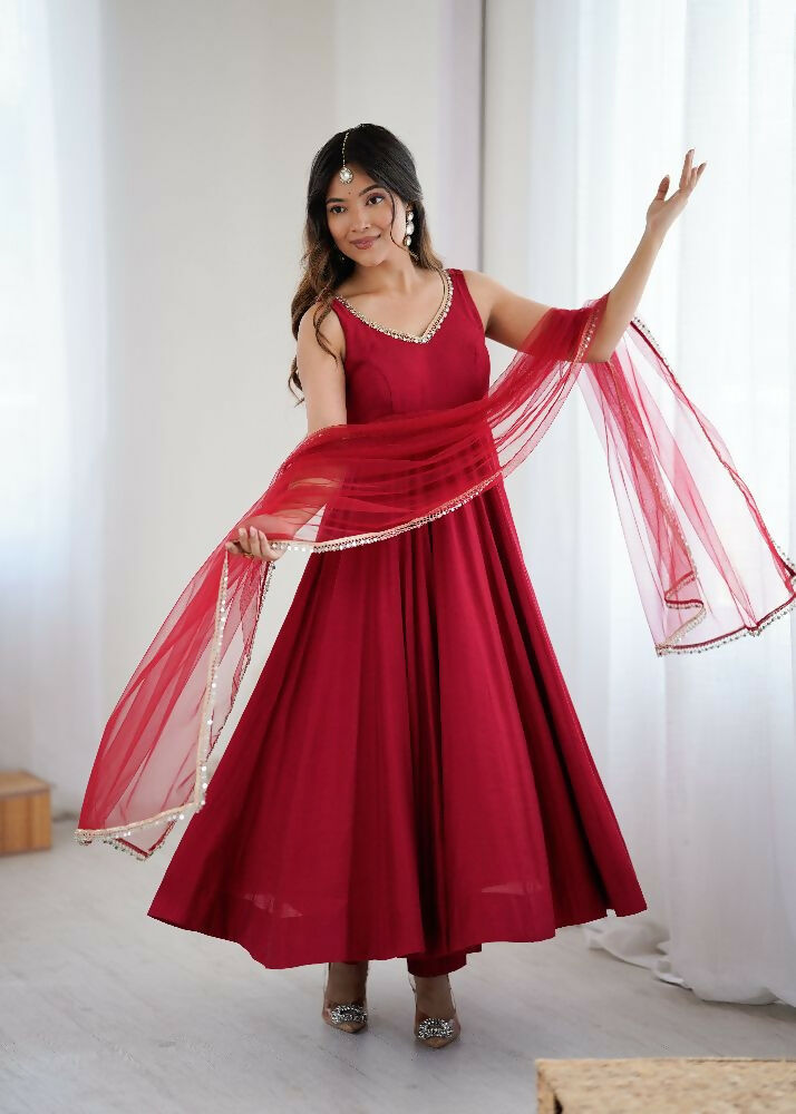 Joban Fashion Maroon Kurta Set Chanderi Sequence Embroidery Work - Distacart