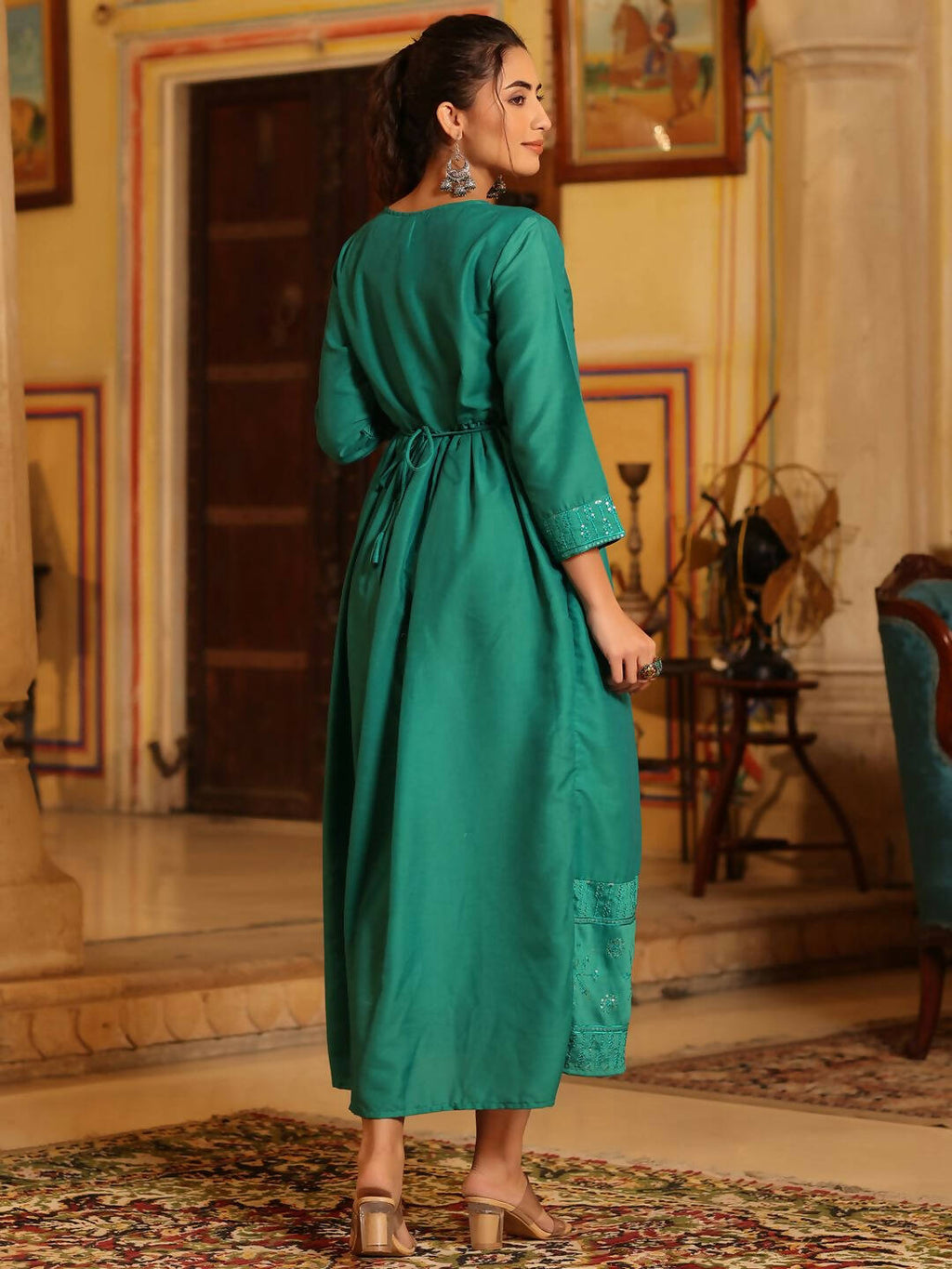 Juniper Women's Teal Festive Embroiderd Flared Dress - Distacart