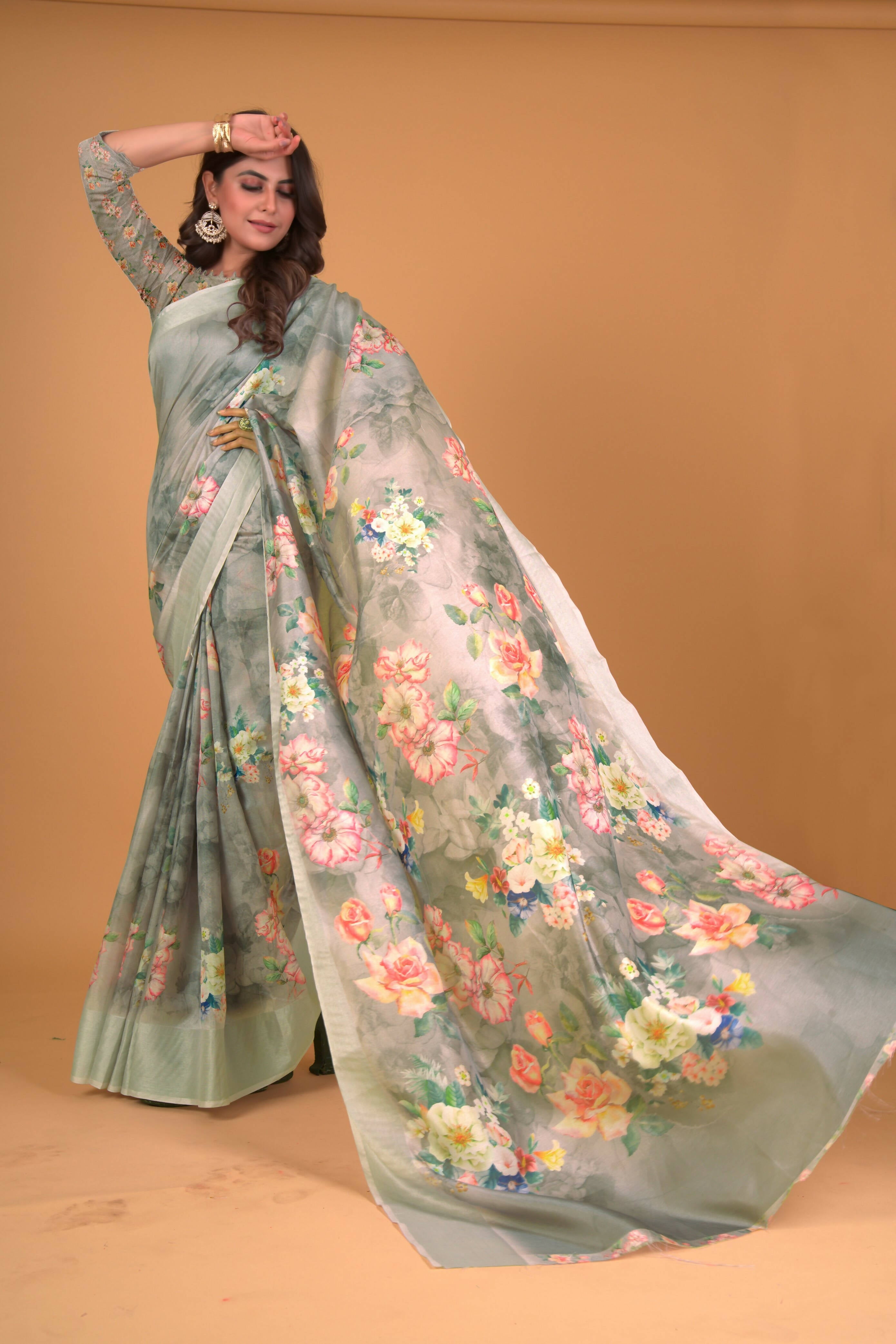 Green Cotton Silk Floral Printed Saree With Unstitched Blouse Piece - Akshita