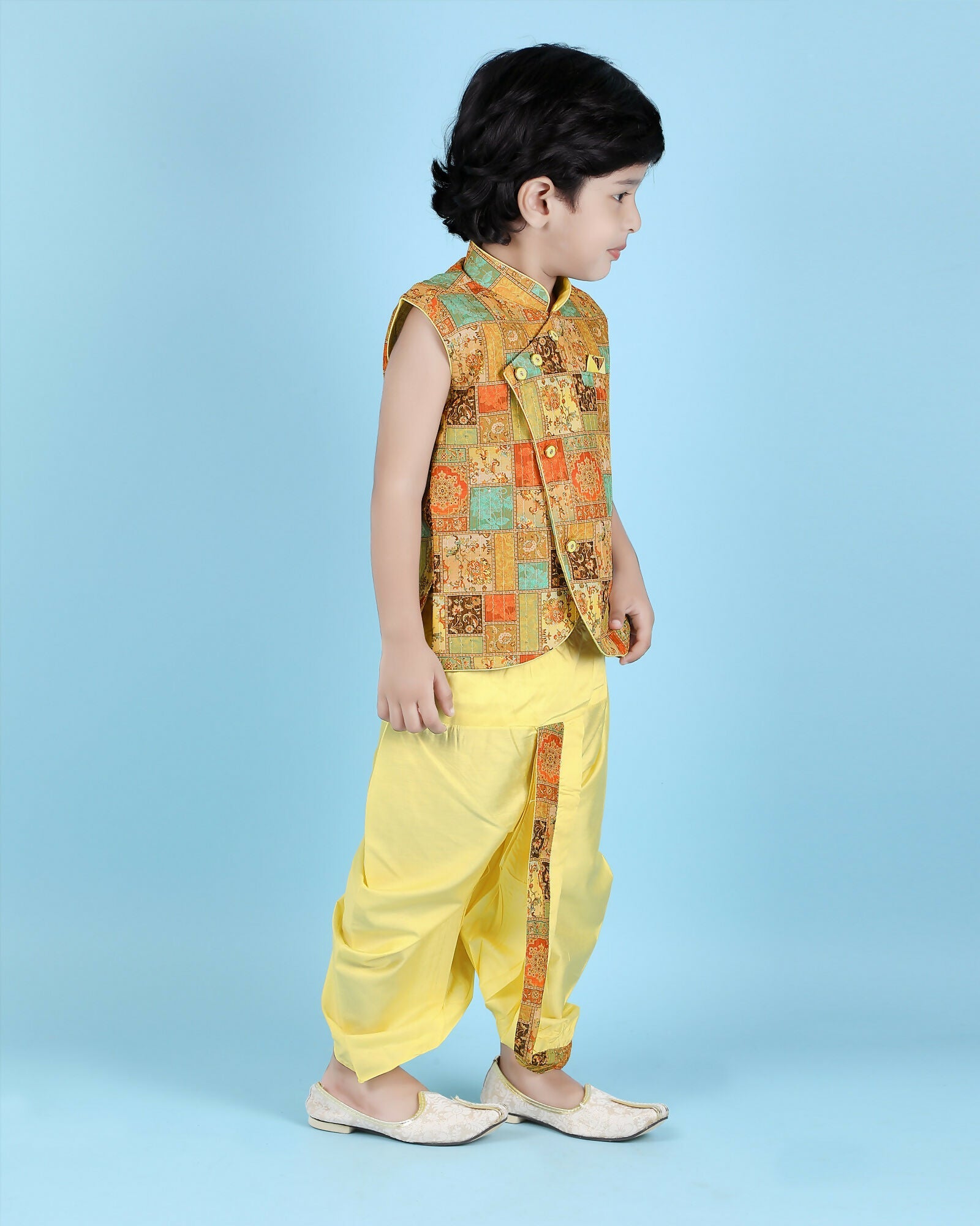 Joban Fashion Kids Island Cotton Sleeveless printed Kurta and Solid Dhoti - Yellow - Distacart