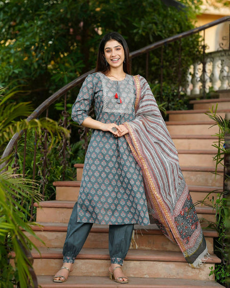 Juniper Women's Grey Cotton Printed Straight Kurta Pant Dupatta Set
