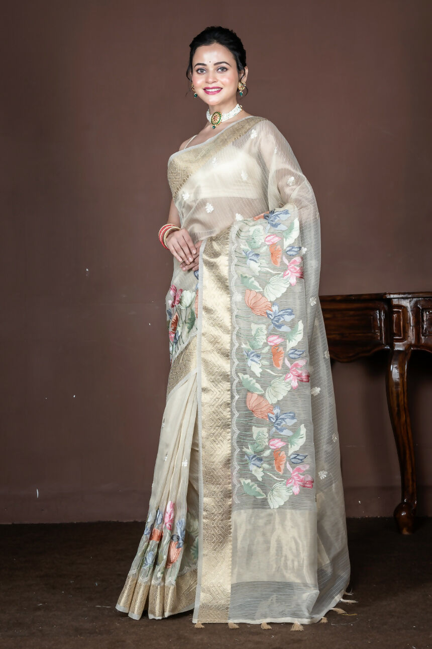 Morchari Beige Banarasi Tissue Computer Embroidery Saree Unstitched Blouse - Distacart