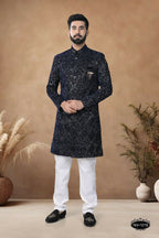 Joban Fashion Men's Blue Straight Velvet Thread & Sequence Embroidery All Over Indo-Western Kurta Set