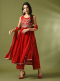 Myshka Women's Red Embroidered Georgette Anarkali Party Kurta Set With Dupatta