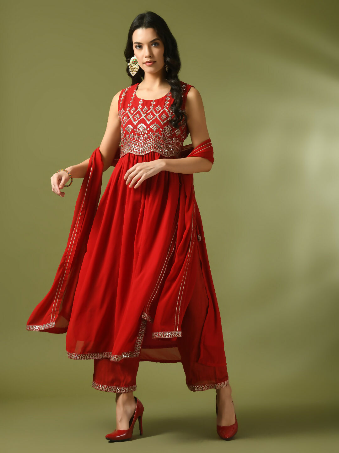 Myshka Women's Red Embroidered Georgette Anarkali Party Kurta Set With Dupatta