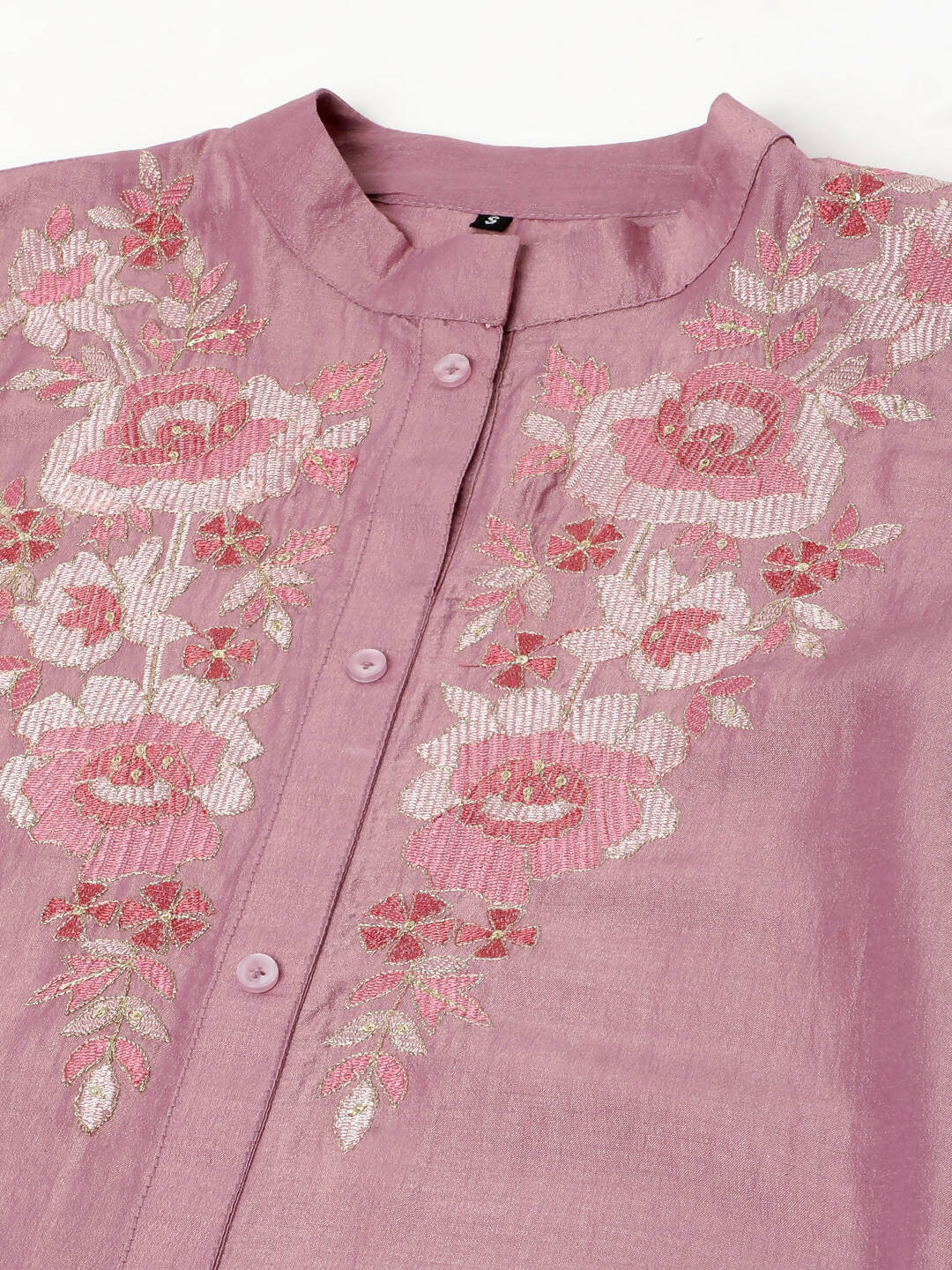 Dust Pink Chinon Yoke Embroidered A-line Top - Tarini