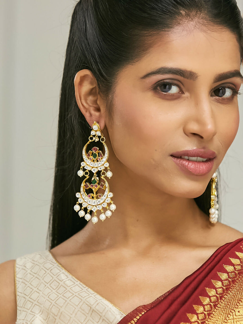 Nuyug 22K Gold-Plated Kundan Studded & Pearl Beaded Layered Chandbalis - Distacart