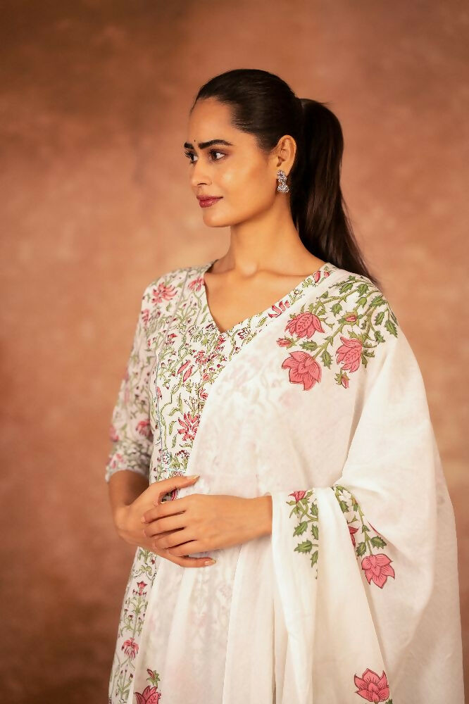 Joban Fashion Green Pink Hand Block Printed Cotton Suit Set - Distacart