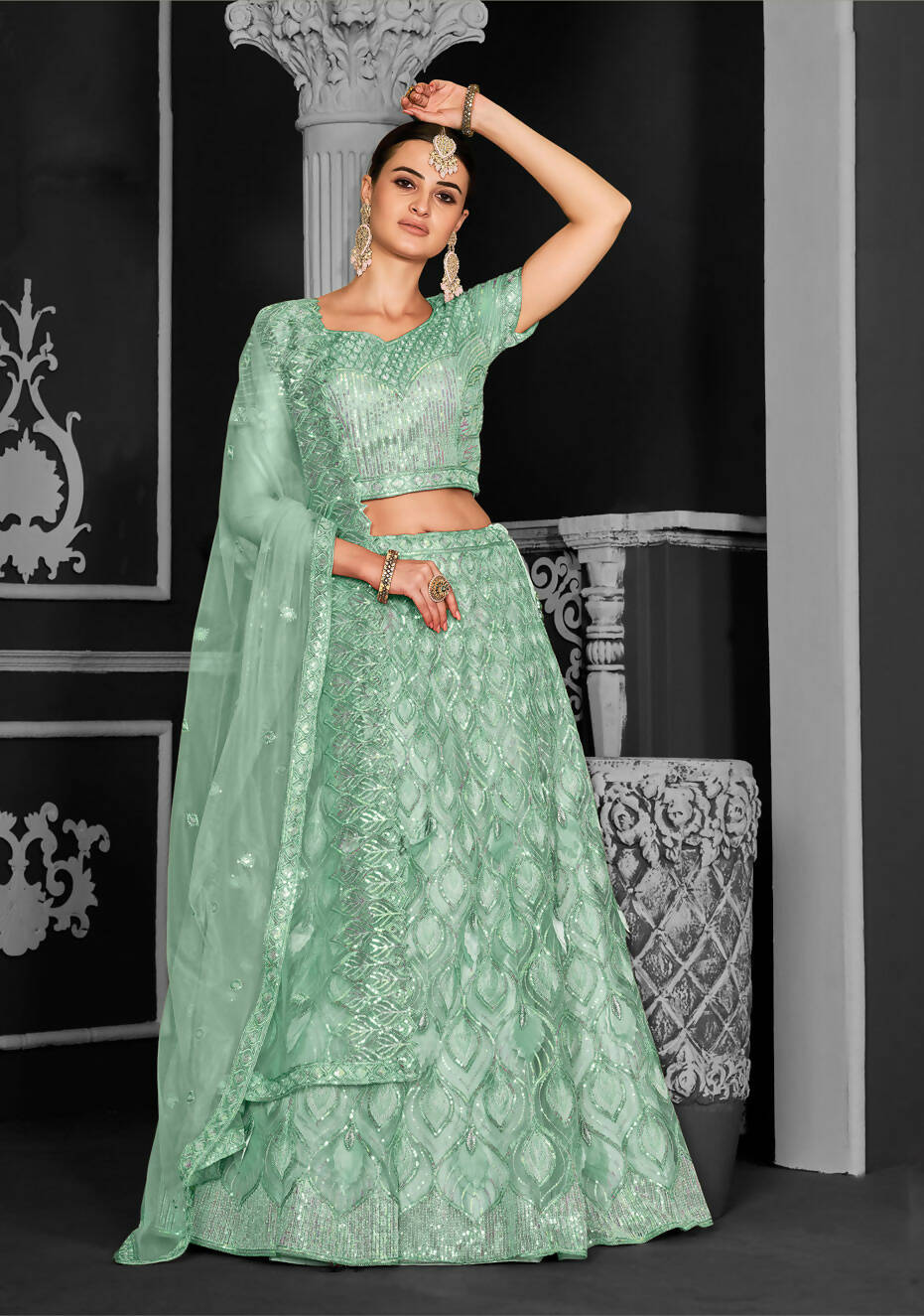 Sea Green Net Semi-Stitched Bridal Lehenga - Nimayaa Bonanza