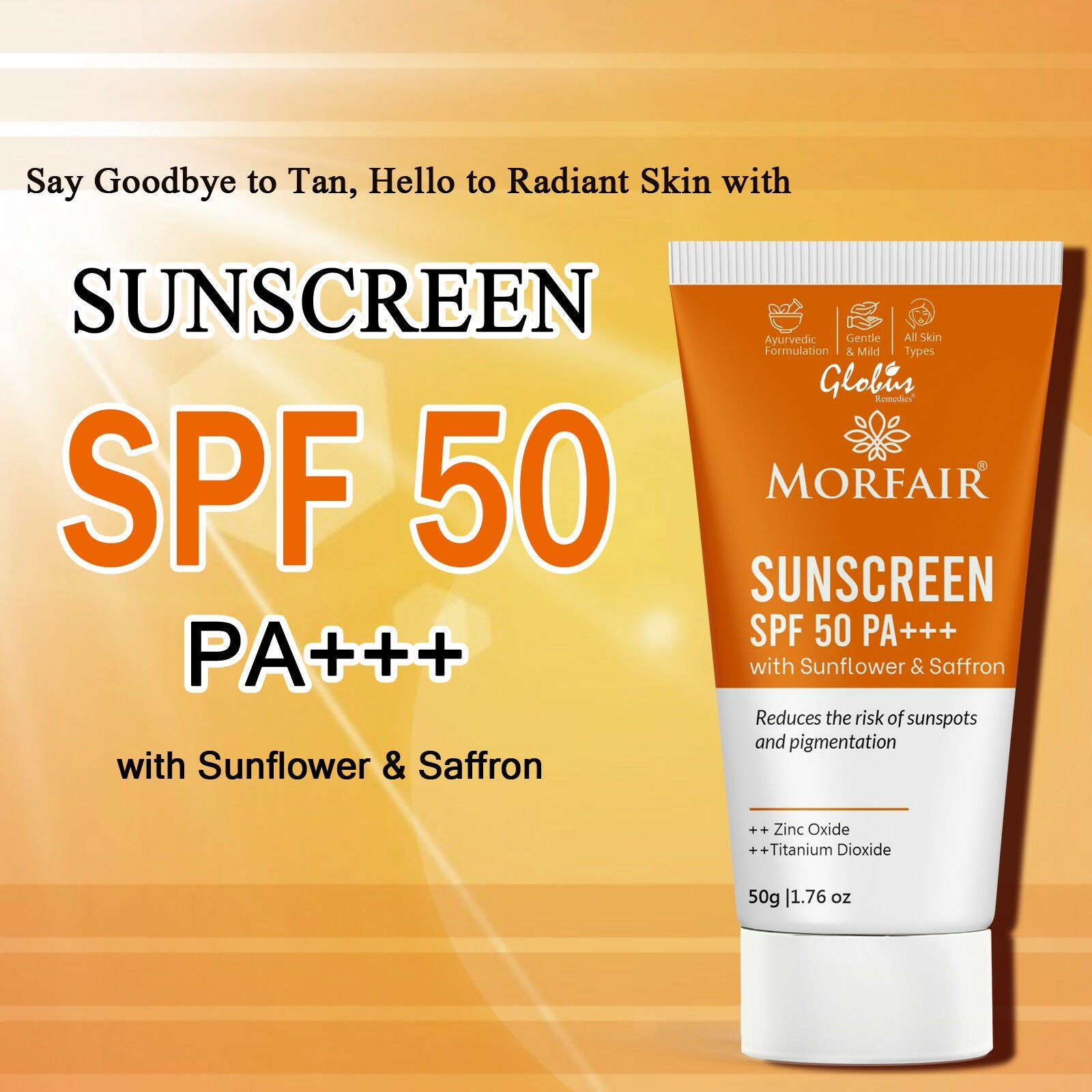 Globus Remedies Morfair Sunscreen SPF 50 PA+++ with Sunflower & Saffron For Reduces Sunspots & Pigmentation