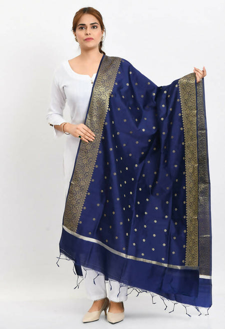 Mominos Fashion Moeza Women's Banarsi Silk Woven Design Navy Blue Dupatta