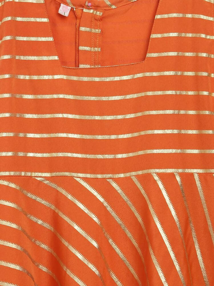 Ahalyaa Orange Crepe Gold Stripped Printed Kids Dress With Jacket For Girls