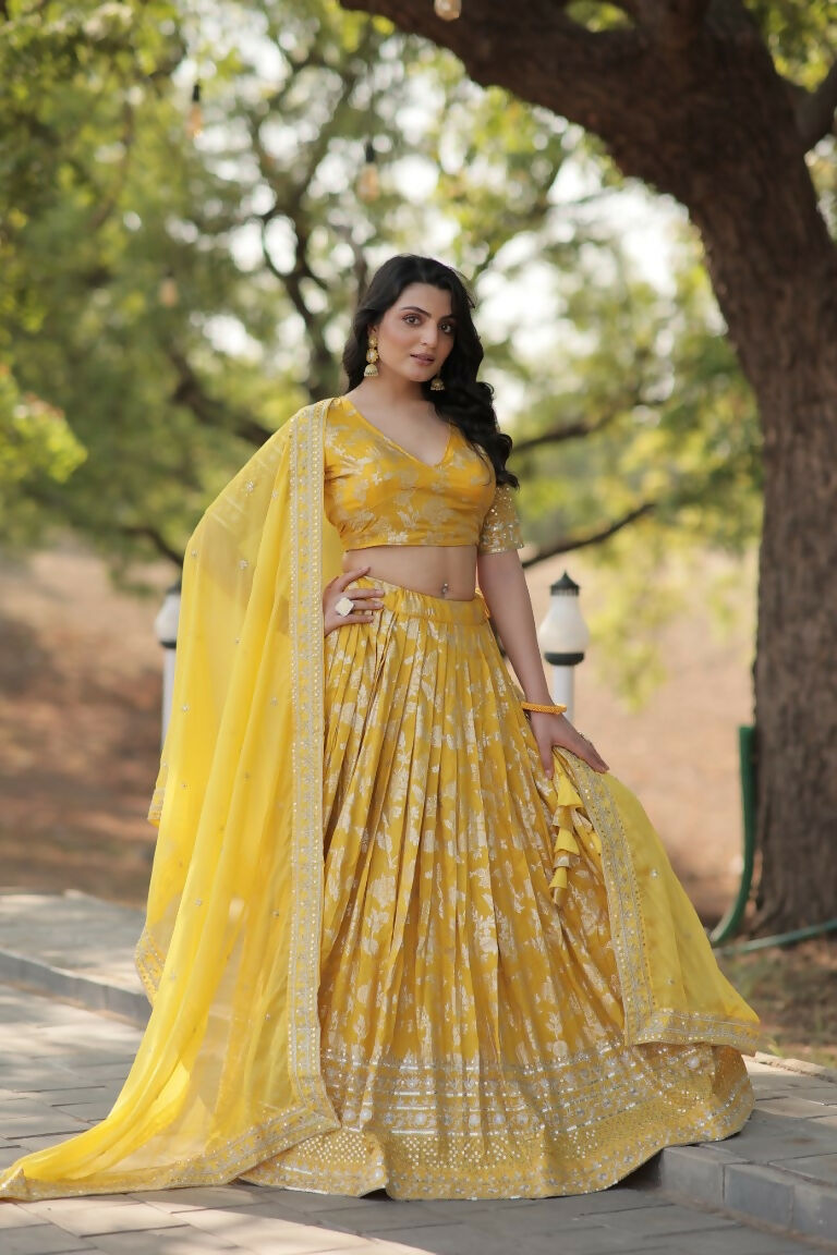 Vastranavya Designer Dyeable Pure Viscose Jacquard Fabric Lehenga Choli & Dupatta Set - Yellow