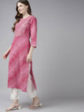 Yufta Women Pink Bandhani Yoke Design Pure Cotton Kurta with Palazzo and Dupatta